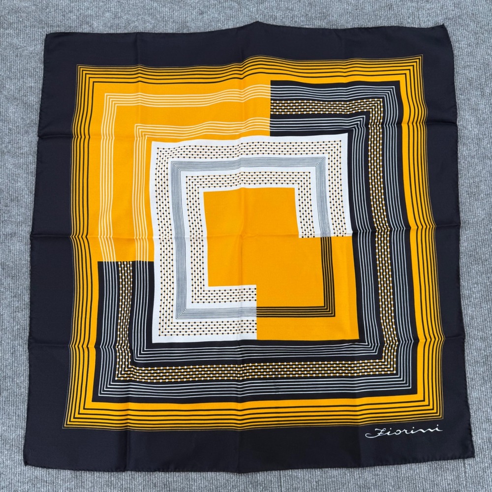 Fiorini Vintage Polyester Scarf Geometric Square Black Yellow White 29x29 Italy